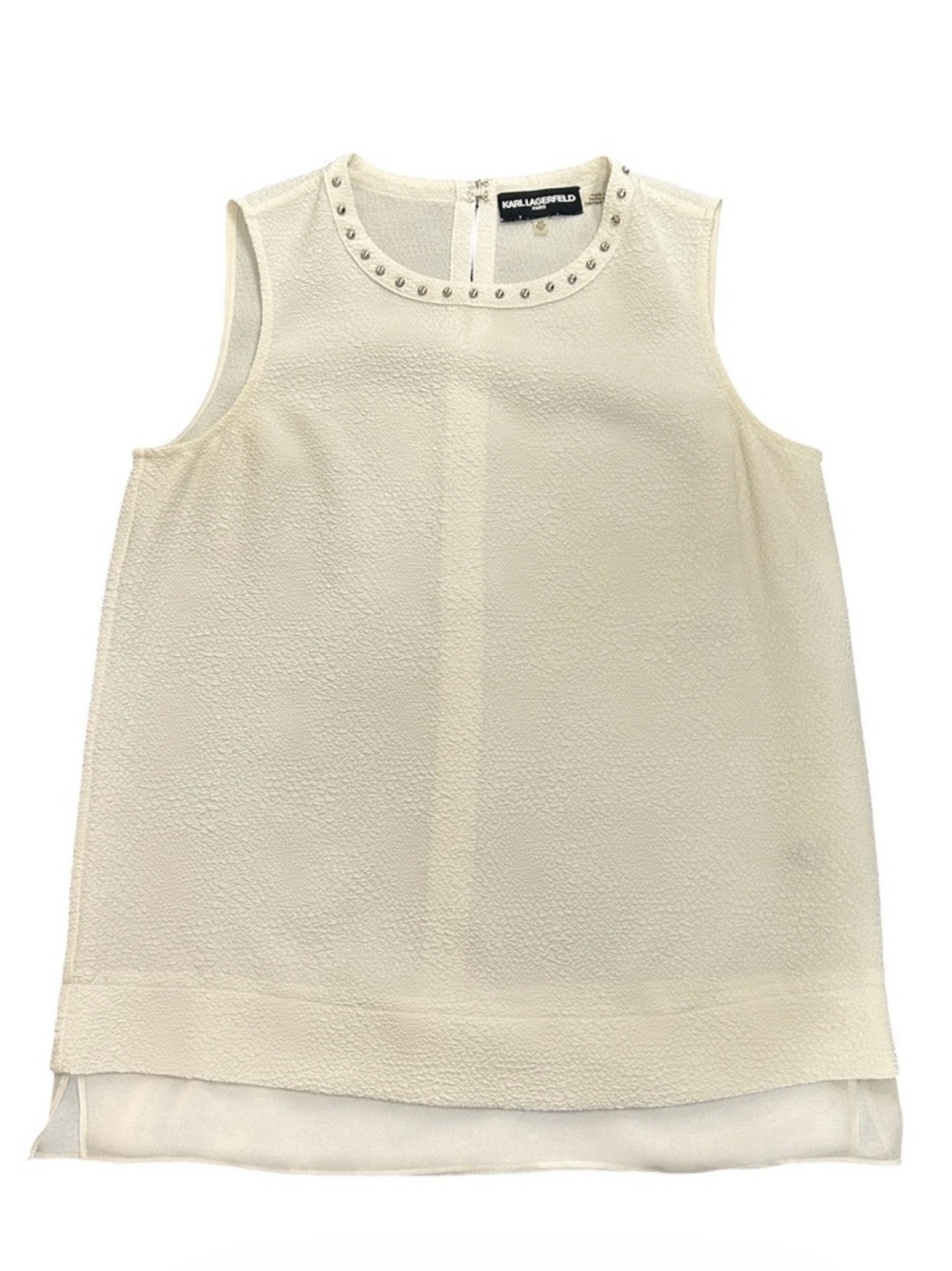 Karl Lagerfeld Paris Ivory White Studded Neck Sleeveless Blouse XS Textured‎ Hem